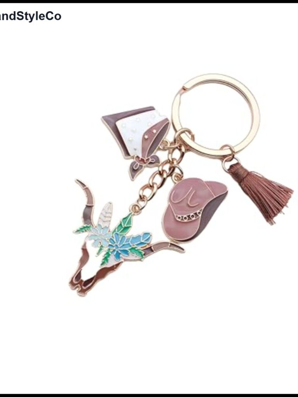 Western Cowgirl Cow Head Keychain with Silk Scarf Hat Tassel Charm
